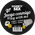 Black rundes spielpaket diablo picante mit weißen und gelben würfeln mit tiermotiven und klarem plastikbecher