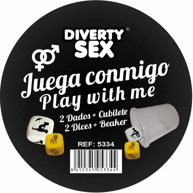 Black rundes spielpaket diablo picante mit weißen und gelben würfeln mit tiermotiven und klarem plastikbecher
