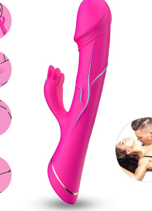 Fuchsia silikon rabbit-vibrator mit glänzender oberfläche und silbernen akzentlinien in hasenform