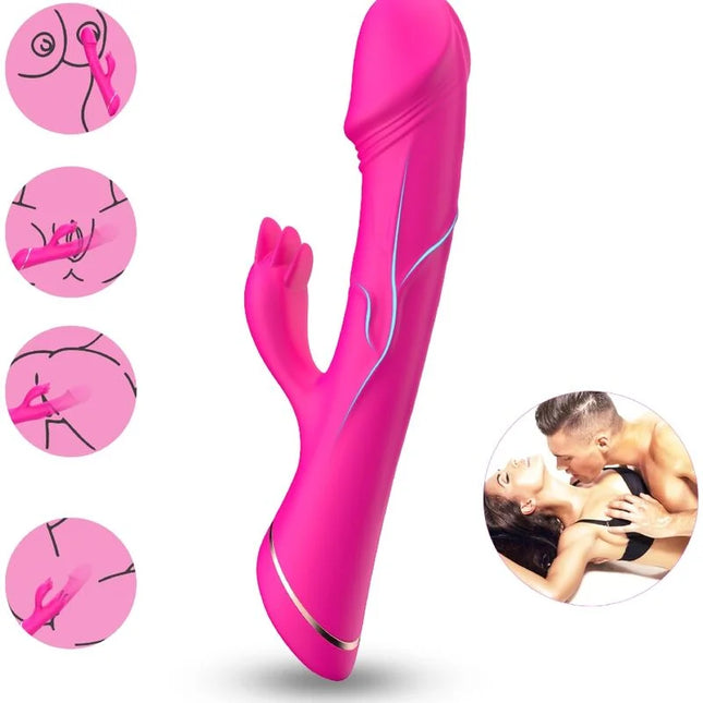 Fuchsia silikon rabbit-vibrator mit glänzender oberfläche und silbernen akzentlinien in hasenform