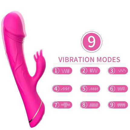 Vibrierender pinker dildo rabbit-vibrator aus glänzendem silikon mit metallring am stützbasis