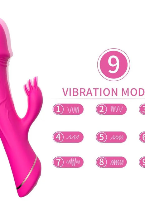 Vibrierender pinker dildo rabbit-vibrator aus glänzendem silikon mit metallring am stützbasis