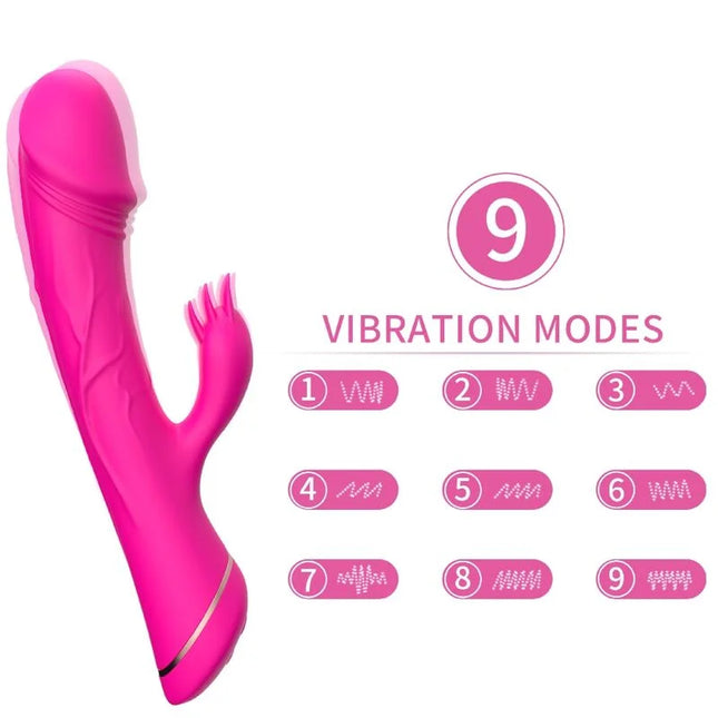 Vibrierender pinker dildo rabbit-vibrator aus glänzendem silikon mit metallring am stützbasis