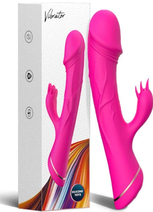 Vibrierender rosa silikon dildo rabbit-vibrator mit gebogenem fingerähnlichem ansatz und metallakzentband