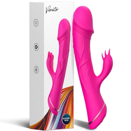 Vibrierender rosa silikon dildo rabbit-vibrator mit gebogenem fingerähnlichem ansatz und metallakzentband