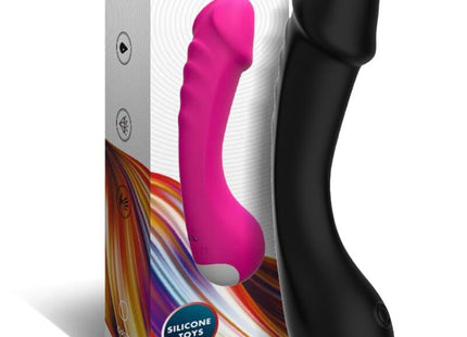Ein eleganter, gebogener dildo vibrator g-spot in schwarz und pink aus glänzendem silikon für stimulierung