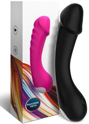 Ein eleganter, gebogener dildo vibrator g-spot in schwarz und pink aus glänzendem silikon für stimulierung