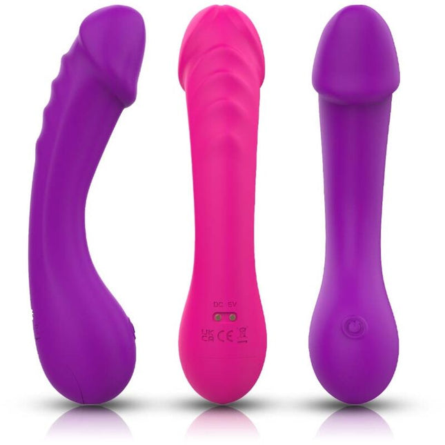 Drei dildo vibrator g-spot silikon in lila und pink mit glatter oberfläche und strukturierter griffigkeit