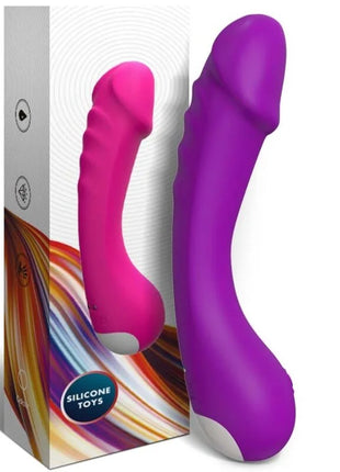 Lila und pinke silikon dildo vibrator mit weißen spitzen neben verpackung für g-punkt stimulation