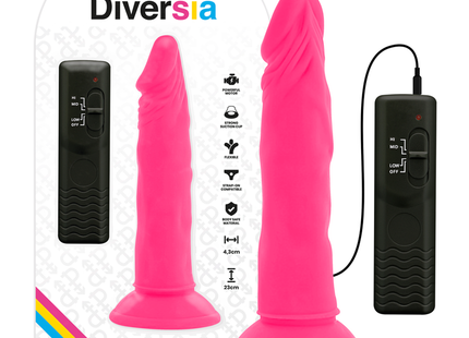Flexibler dildo diversia rosa 23 cm aus silikon mit vibration und saugnapfbasis plus zwei schwarze fernbedienungen