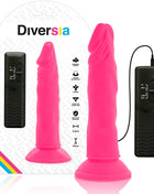 Flexibler dildo diversia rosa 23 cm aus silikon mit vibration und saugnapfbasis plus zwei schwarze fernbedienungen