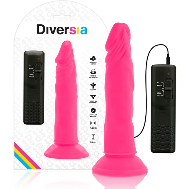 Flexibler dildo diversia rosa 23 cm aus silikon mit vibration und saugnapfbasis plus zwei schwarze fernbedienungen