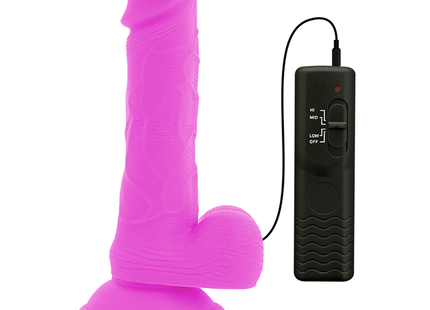 Vibrant pink silicone vibrating dildo with black remote control 20.5 cm length and 4.2 cm diameter