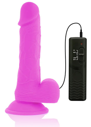 Vibrant pink silicone vibrating dildo with black remote control 20.5 cm length and 4.2 cm diameter