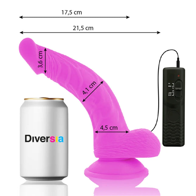 Flexibler violetter silikon dildo diversia 21,5 cm mit schwarzer fernbedienung und vibrierender funktion