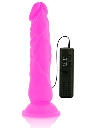 Vibranter pinkfarbener silikon dildo diversia flexibel vibrierend 21 cm mit strukturierter oberfläche und schwarzer fernbedienung
