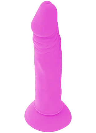 Ein flexibler vibrierender dildo aus pinkfarbenem silikon mit geriffeltem schaft und abgerundetem boden