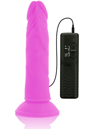 Flexibler vibrierender dildo lila 23 cm aus silikon mit schwarzer fernbedienung und intensitätseinstellungen