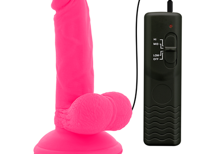 Flexibler vibrierender dildo rosa 17 cm aus silikon mit schwarzer fernbedienung und lautstärkeeinstellungen