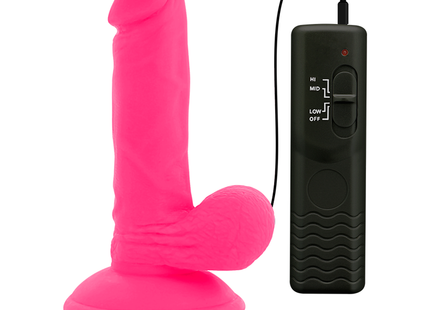 Flexibler vibrierender dildo rosa 17 cm aus silikon mit schwarzer fernbedienung und intensitätseinstellungen