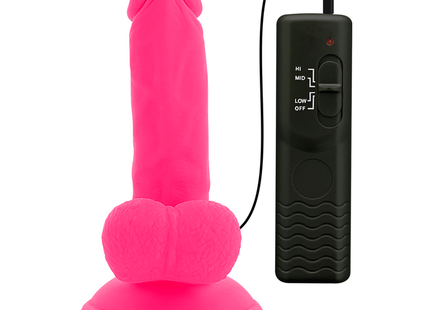 Flexibler vibrierender dildo rosa 17 cm aus silikon mit schwarzer fernbedienung im bildrückseite sichtbar
