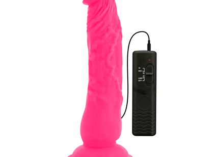Vibrant pink silicone dildo diversia with flexible vibrating texture and black remote control 21 cm length