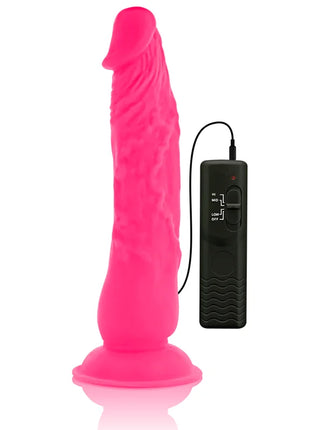 Vibrant pink silicone dildo diversia with flexible vibrating texture and black remote control 21 cm length