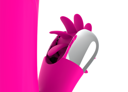 Vibrierender rosa silikonhandschuh diversia hase oben und unten 24 cm mit silbernem metallkontrollfeld und flexiblen blattförmigen anhängseln