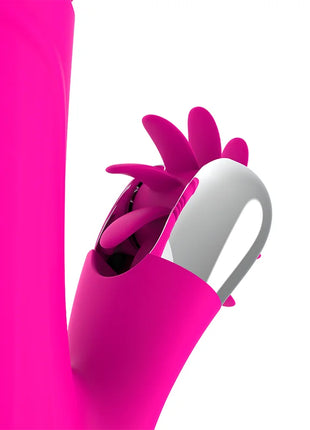 Vibrierender rosa silikonhandschuh diversia hase oben und unten 24 cm mit silbernem metallkontrollfeld und flexiblen blattförmigen anhängseln