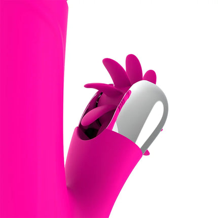 Vibrierender rosa silikonhandschuh diversia hase oben und unten 24 cm mit silbernem metallkontrollfeld und flexiblen blattförmigen anhängseln