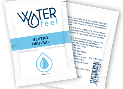 White and light blue waterfeel sachet of neutral water-based sliding gel in diversia hase oben und unten 24 cm package
