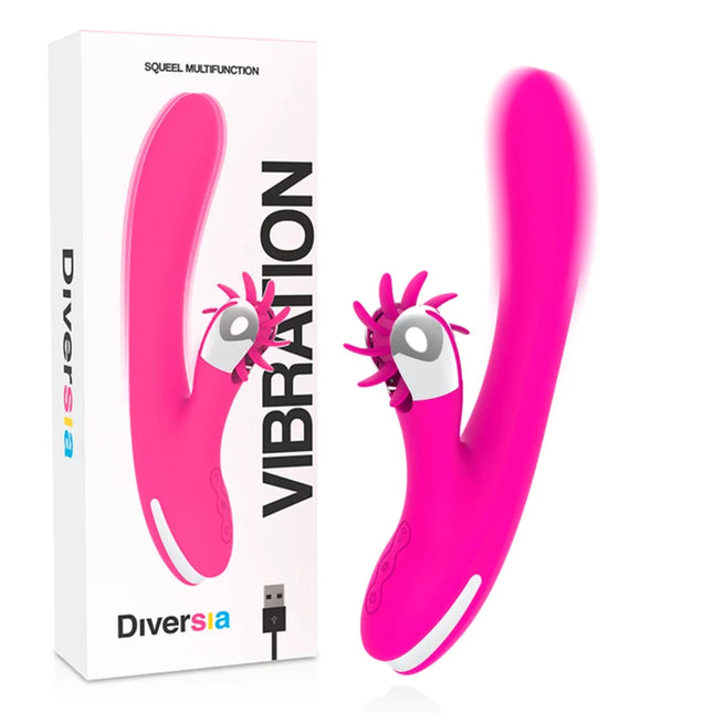 Vibrierender 24 cm langer diversia squeel multifunction silikontoy in pink mit weiß-silbernem, strukturierter spitzenkopf