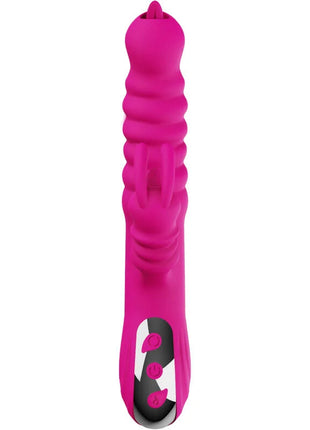 Vibrant pink silicone doppelzunge vibrator with textured ridges and black and white control panel with three buttons