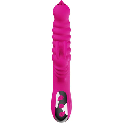Vibrant pink silicone doppelzunge vibrator with textured ridges and black and white control panel with three buttons