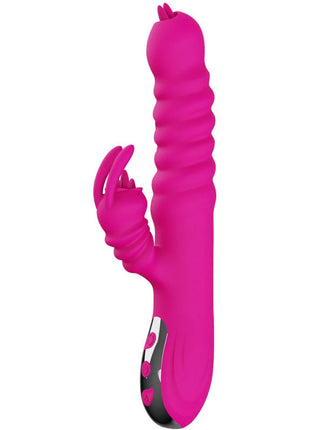 Vibrant rosa silikon rabbit-vibrator doppeltzunge mit texturierter oberfläche und metallischem bedienfeld