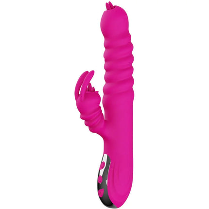 Vibrant rosa silikon rabbit-vibrator doppeltzunge mit texturierter oberfläche und metallischem bedienfeld