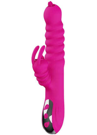 Vibrant pinker silikon rabbit-vibrator doppelzunge mit 20 modi und wärmefunktion ergonomisch und gerillt