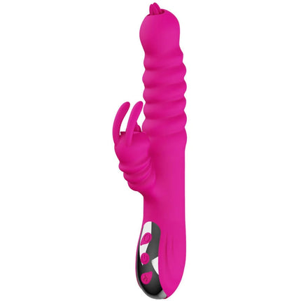 Vibrant pinker silikon rabbit-vibrator doppelzunge mit 20 modi und wärmefunktion ergonomisch und gerillt