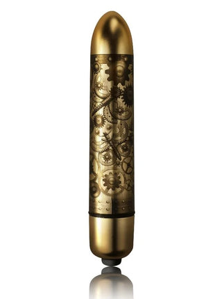 Goldener metallischer vibrator mit aufwendigen steampunk-zahnrad- und getriebedesigns von dr rocco-s pleasure emporium poseidon