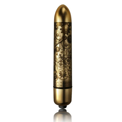 Goldener metallischer vibrator mit aufwendigen steampunk-zahnrad- und getriebedesigns von dr rocco-s pleasure emporium poseidon