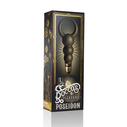 Schwarze und goldene steampunk- poseidon-figur aus metall in einer box von dr rocco-s pleasure emporium
