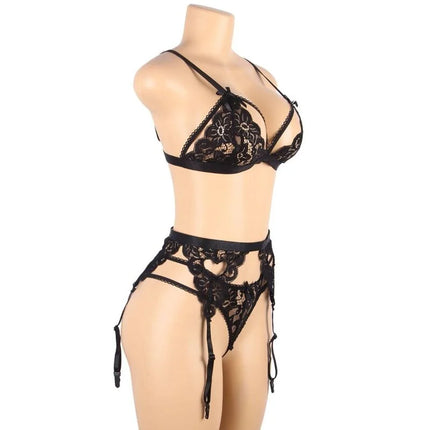 Dreiteiliges Set BH + Strumpfgürtel + String Schwarz - Strumpfband Set