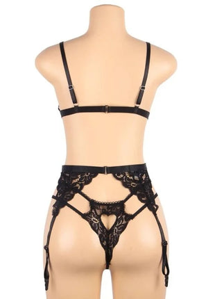 Dreiteiliges Set BH + Strumpfgürtel + String Schwarz - Strumpfband Set