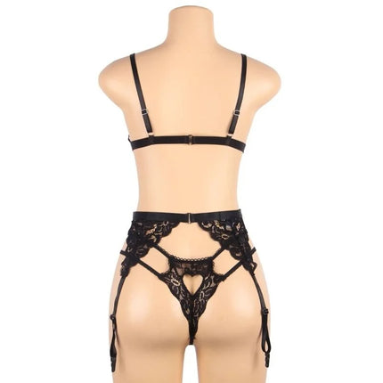 Dreiteiliges Set BH + Strumpfgürtel + String Schwarz - Strumpfband Set