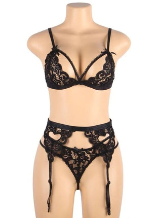 Dreiteiliges Set BH + Strumpfgürtel + String Schwarz - Strumpfband Set
