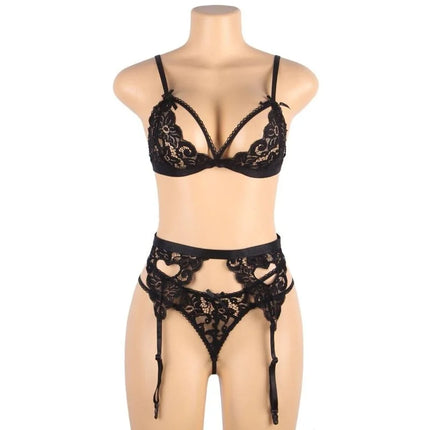 Dreiteiliges Set BH + Strumpfgürtel + String Schwarz - Strumpfband Set