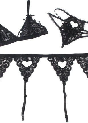 Dreiteiliges Set BH + Strumpfgürtel + String Schwarz - Strumpfband Set