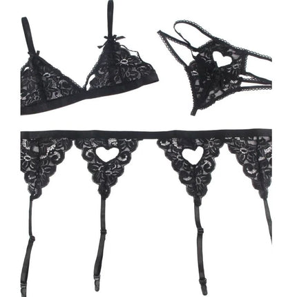 Dreiteiliges Set BH + Strumpfgürtel + String Schwarz - Strumpfband Set