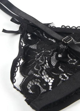 Dreiteiliges Set BH + Strumpfgürtel + String Schwarz - Strumpfband Set