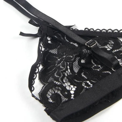 Dreiteiliges Set BH + Strumpfgürtel + String Schwarz - Strumpfband Set
